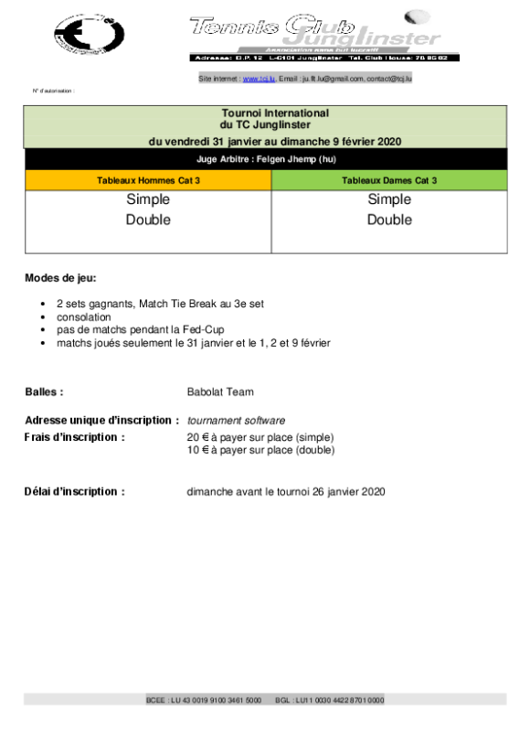 Affiche Tournoi seniors cat3 Tennis Junglinster janvier 2020