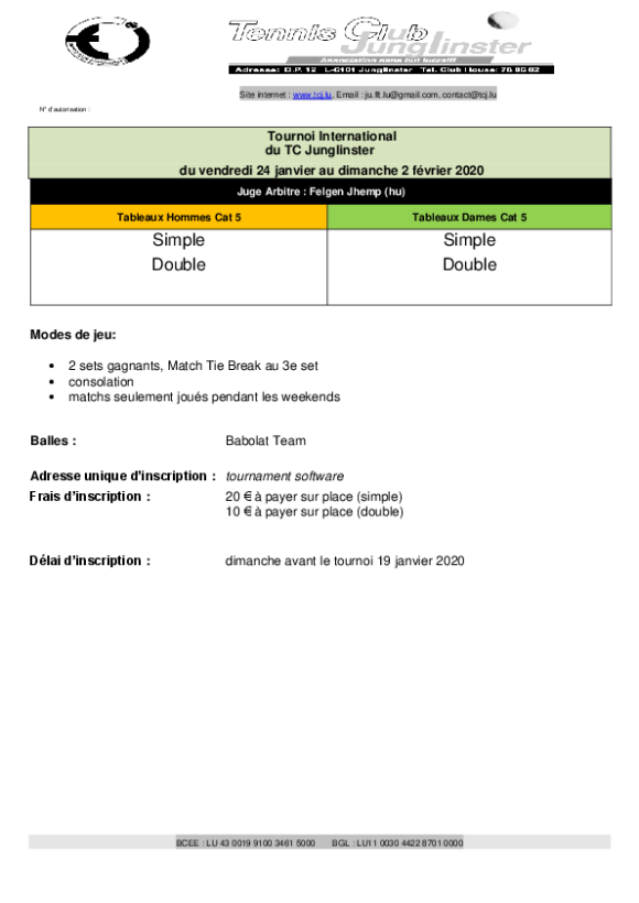 Affiche Tournoi seniors cat5 Tennis Junglinster janvier 2020