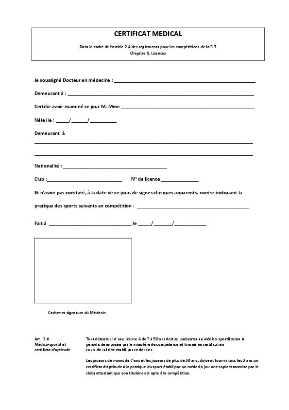 Certificat Médical U7 et +50