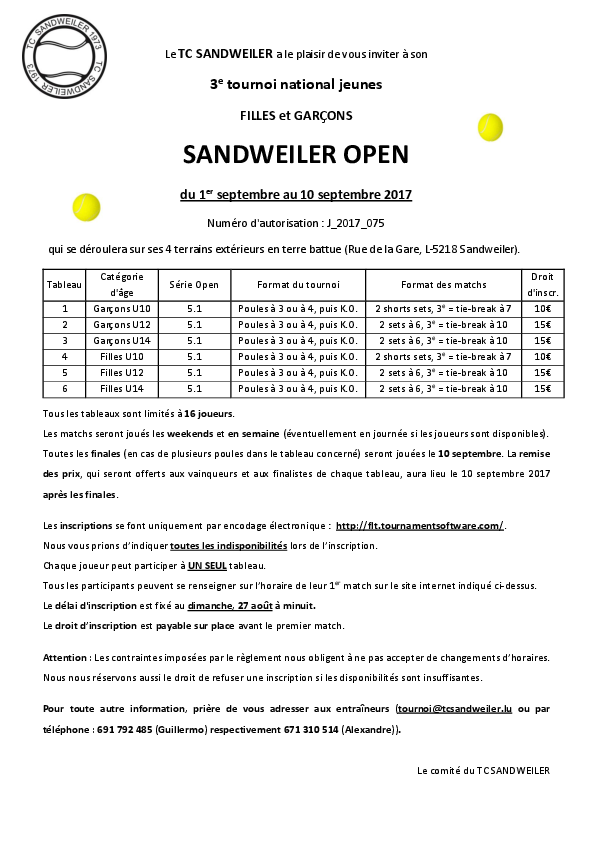 TC Sandweiler - Tournoi Jeunes Sandweiler Open 2017