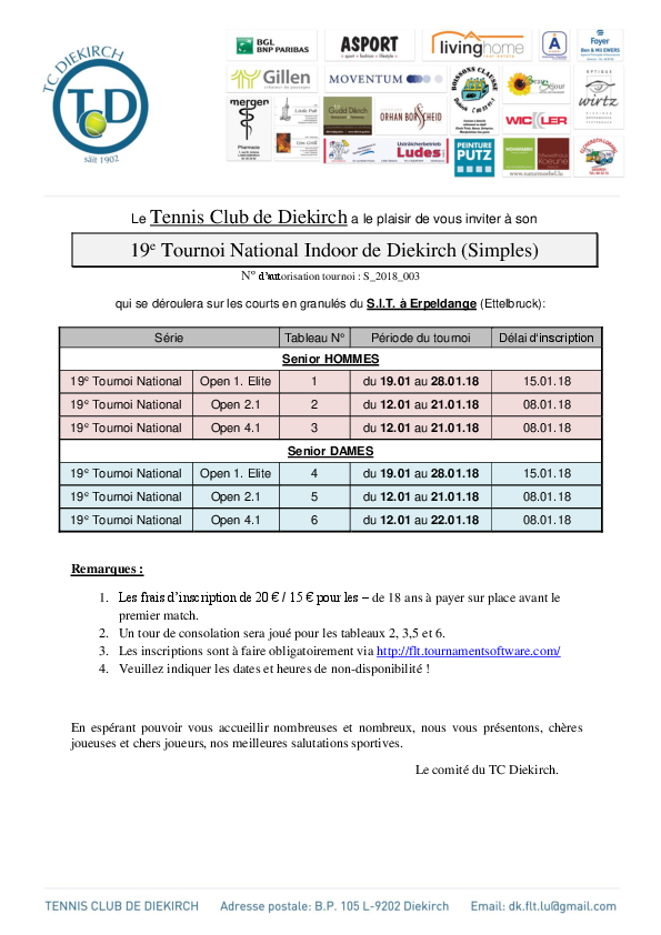 Invitation au 19ième Tournoi National Indoor du TC Diekirch