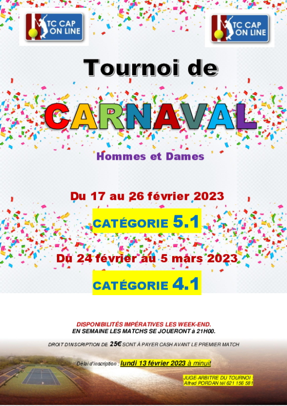 TOURNOI DE CARNAVAL TC CAP ON LINE 2023
