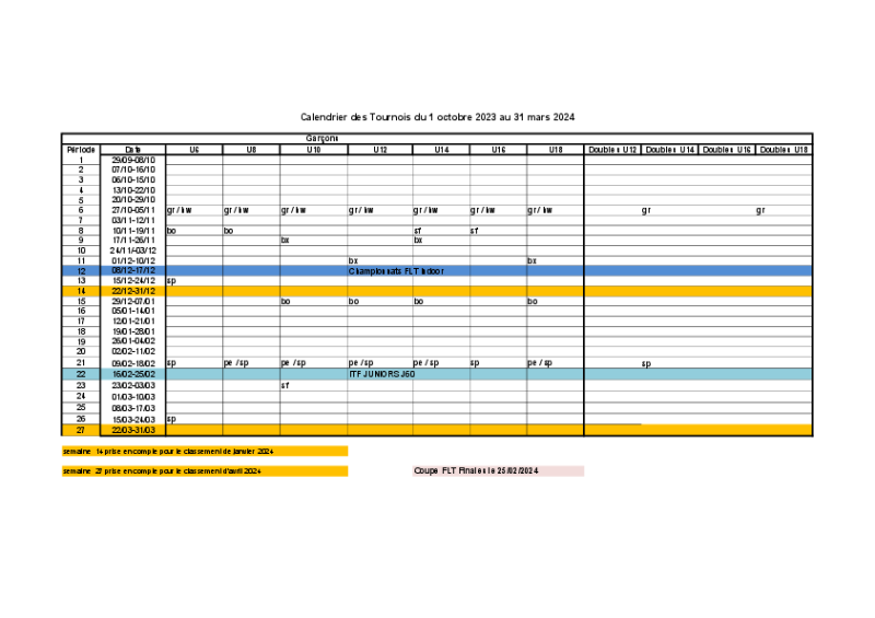 Calendrier Sportif hiver 2023/24